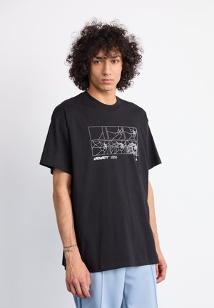 Black cotton t-shirt featuring a graphic design of spider webs outlined in white. The shirt has a relaxed fit and short sleeves.