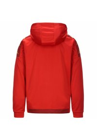 Giacca con cappuccio rosso dal tessuto liscio, con dettagli dorati sulle spalle. Design semplice, vestibilità comoda e schiena liscia.