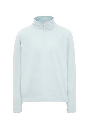 Lyseblå fleecepullover med høj krave og kvart lynlås. Lange ærmer og glat tekstur, med et enkelt design uden mønstre.