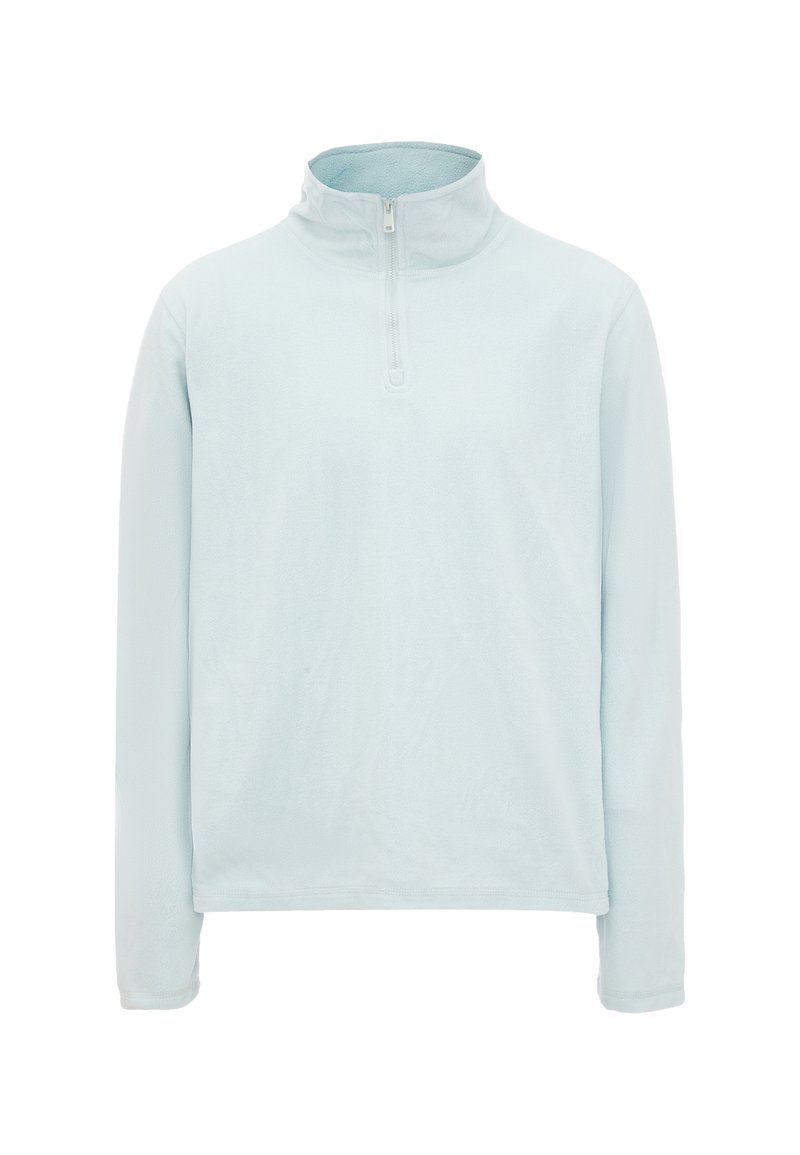 Pullover in pile azzurro chiaro con colletto alto e zip a quarto. Maniche lunghe e texture liscia, con un design semplice senza motivi.