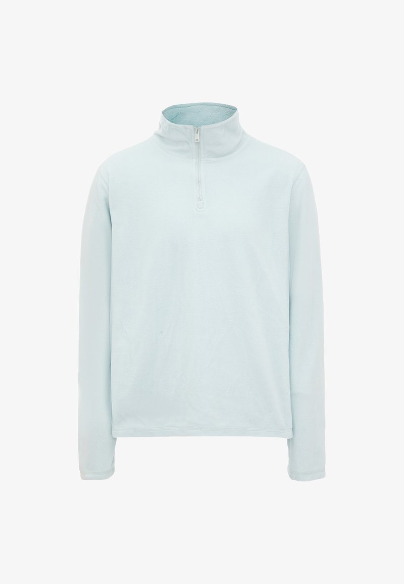 Pullover in pile azzurro chiaro con colletto alto e zip a quarto. Maniche lunghe e texture liscia, con un design semplice senza motivi.