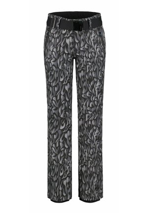 Pantalons de ski en motif abstrait noir et gris, fabriqués dans un matériau résistant à l'eau, avec une taille ceinturée et des poches zippées.