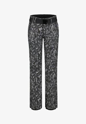 Ski pants in a black and grey abstract pattern, made from a water-resistant material, featuring a belted waist and zipper pockets.