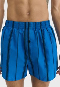 Costume da bagno blu con strisce verticali nere, vita elasticizzata e dettaglio con bottone frontale. Realizzato in tessuto leggero dalla texture liscia.