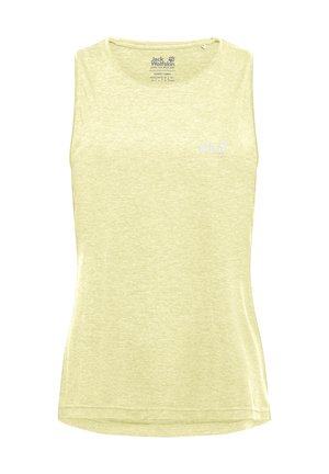 Lichtgele mouwloze dames top met ronde halslijn en klein wit "Jack Wolfskin" logo op de linkerborst.