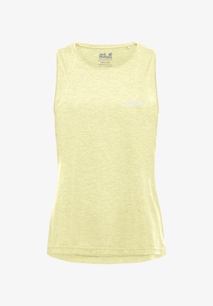 Lichtgele mouwloze dames top met ronde halslijn en klein wit "Jack Wolfskin" logo op de linkerborst.