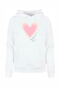 Sudadera blanca con un gran gráfico de un corazón rosa suave y el texto "Mamá increíble" en elegante escritura negra. Incluye un bolsillo frontal.