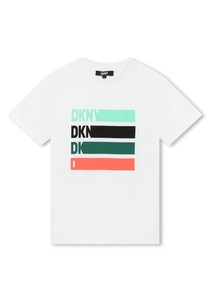 Weißes Baumwoll-T-Shirt mit mehrfarbigem grafischem Text in Minzgrün, Schwarz, Dunkelgrün und Koralle. Rundhalsausschnitt, kurze Ärmel, lockere Passform.