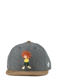 Gray wool cap with a brown brim, featuring an embroidered character with orange hair and a yellow shirt. Includes eyelets for ventilation.