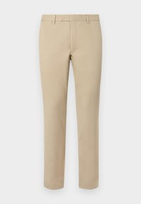 Beige bomullsbyxor med rak ben-design, med flat front, bältesslingor och en slät yta. Inga synliga fickor.