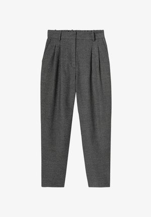 Pantalons à carreaux gris avec une coupe ajustée, présentant des plis, des poches latérales et une texture lisse. La taille est dotée passants de ceinture pour un ajustement.