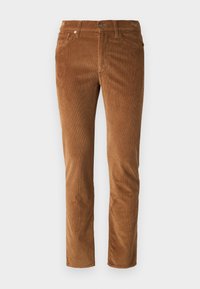Pantalons en velours côtelé marron à coupe droite, avec une fermeture éclair, un bouton et deux poches avant. Tissu texturé avec des côtes verticales.