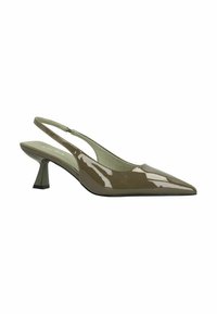 Pompe slingback à bout pointu en vert olive brillant avec un talon mi-haut évasé.