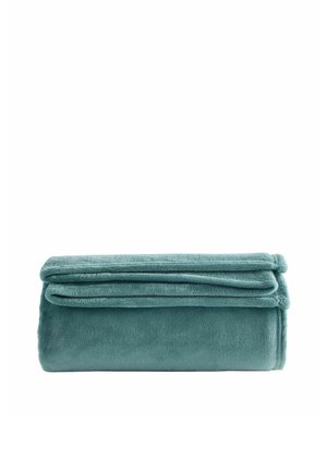 Soft folded teal fleece blanket displayed against a white background.