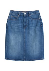 Denim rok met een klassieke blauwe kleur, knielange ontwerp, vijf zakken en contrasterende oranje stiksels. Met knoop- en ritssluiting.