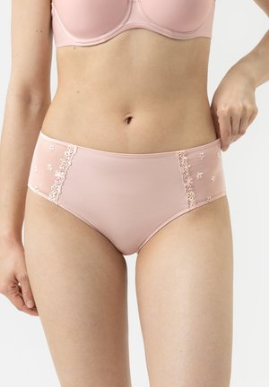 Pink fabric brief with floral embroidery on the sides, featuring a smooth texture and mid-rise design for comfort.