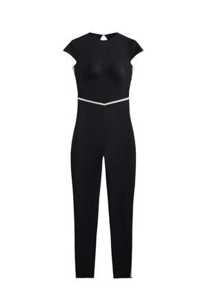 Black jumpsuit with short cap sleeves, a keyhole neckline, and a white accent stripe around the waist. Smooth, stretch fabric.