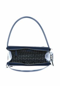 Sac à main en cuir bleu au design structuré, doté d'un intérieur noir doublé d'un motif répétitif. Comprend une fermeture éclair et une bandoulière.