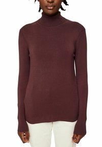 Maglione a collo alto in bordeaux intenso, realizzato in tessuto morbido. Presenta maniche lunghe e una vestibilità comoda con polsini e orlo a coste.