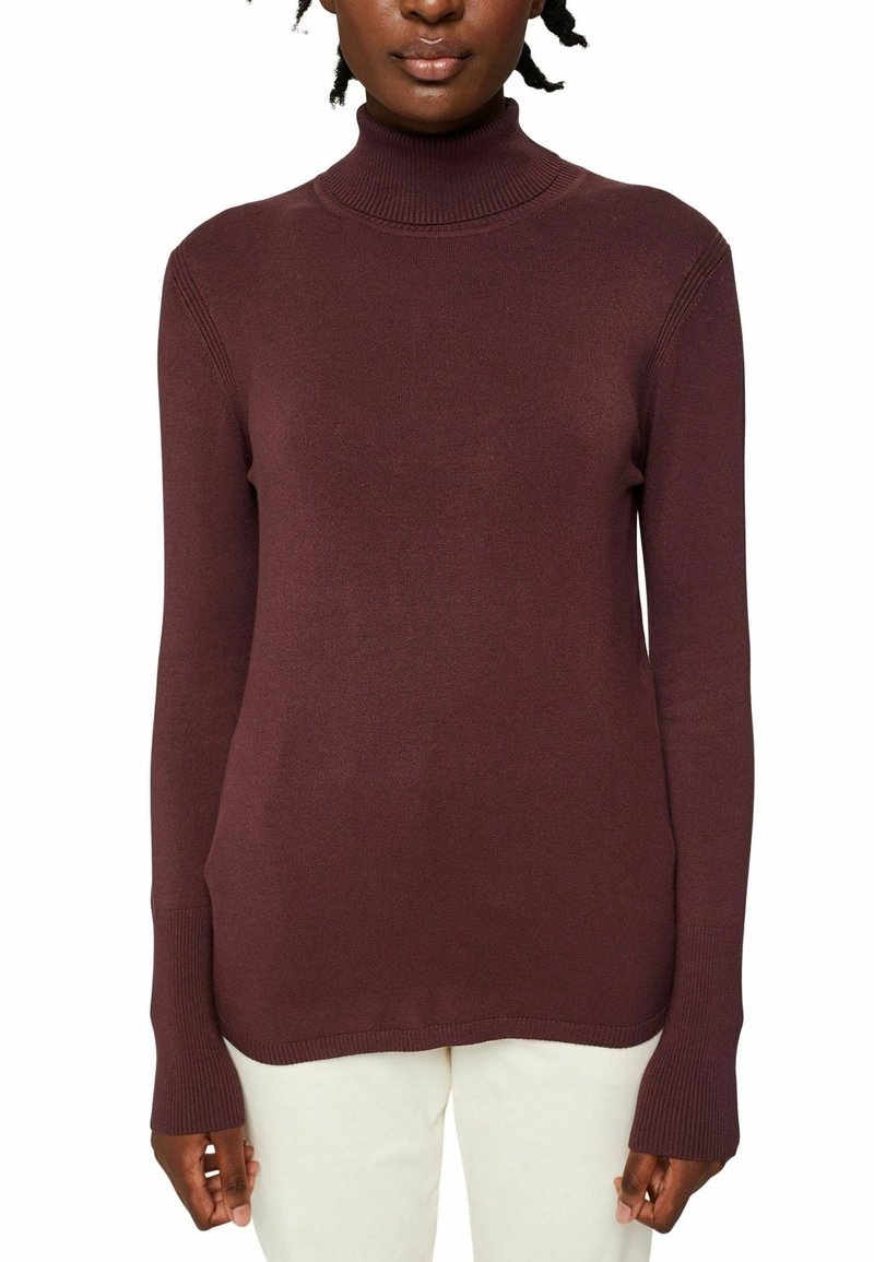 Maglione a collo alto in bordeaux intenso, realizzato in tessuto morbido. Presenta maniche lunghe e una vestibilità comoda con polsini e orlo a coste.