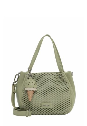 Light green perforated leather handbag with double handles, detachable strap, and ice cream cone keychain charm.