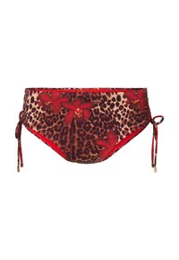 Bañador de bikini con estampado de leopardo, adornos florales rojos, lazos ajustables a los lados y una textura de tela suave y elástica.