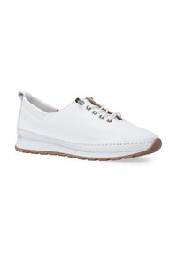 Weiße Ledersneaker mit grauen Akzenten, Schnürdesign, genähten Details und einer braunen Gummisohle, die einen lässigen Look bieten.
