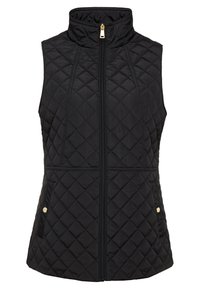 Svart quiltad väst med hög krage, dragkedja framtill och två sidofickor med guldfärgade detaljer. Slät textur.