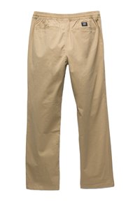 Beige bomuldsbukser med elastisk talje, to baglommer, lige ben-design og minimale syninger.