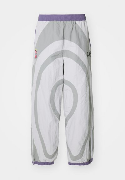 Lightweight, gray, patterned pants with white swirling design. Features an elastic waistband and tapered cuffs with purple accents.