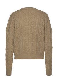 Kahkifarbenes Kabelstrickpullover mit Rundhalsausschnitt, langen Ärmeln und geripptem Saum. Verfügt über strukturierte Diamant- und gedrehte Muster.