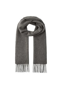 Écharpe en laine grise au toucher doux, avec de longues franges à chaque extrémité. L'écharpe est enroulée en forme circulaire.