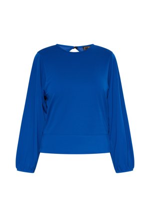 Blue long-sleeve top with a round neckline, relaxed fit, and gathered cuffs; smooth texture; features a keyhole detail at the back.