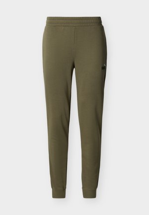 Pantalones jogger verde oliva hechos de una mezcla de algodón con una cinturilla elástica y puños cónicos, con un pequeño logo negro en el lateral.