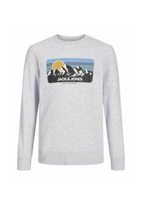 Šedá mikina s dlouhými rukávy, kulatým výstřihem a grafickým potiskem zobrazujícím hory a slunce. Text zní "JACK & JONES WORLD EXPLORER."