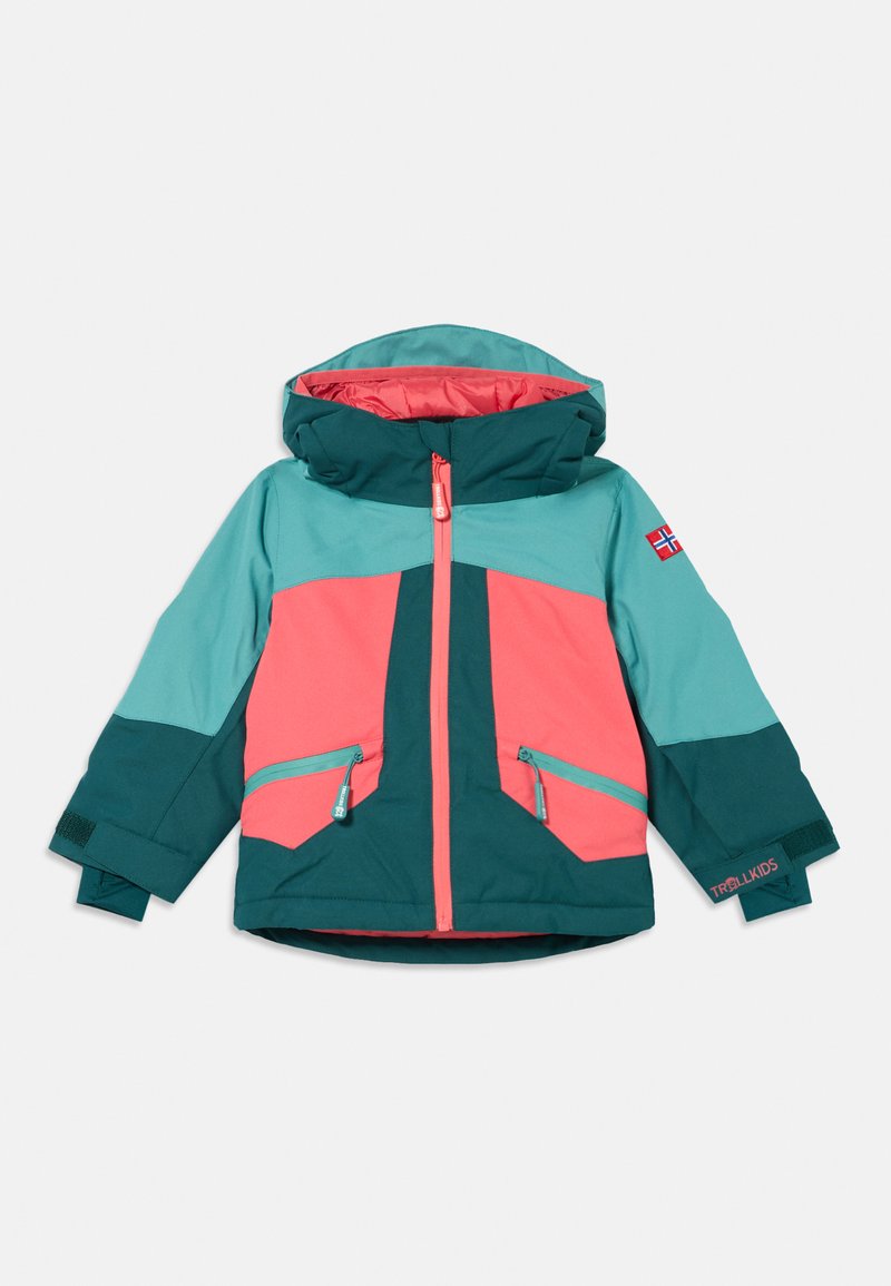 TÜRQUOISE und korallenfarbenen Jacke mit Kapuze, die kontrastierende Einsätze, Reißverschlusstaschen und ein Logo-Patch am Ärmel aufweist. Wasserdichtes Material.