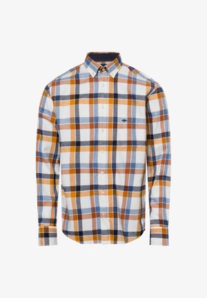 Herren Langarm-Hemd mit Karomuster in Weiß, Orange, Braun, Blau und Marineblau. Mit Button-Down-Kragen, Brusttasche und Knopfverschluss. Aus Baumwollstoff.