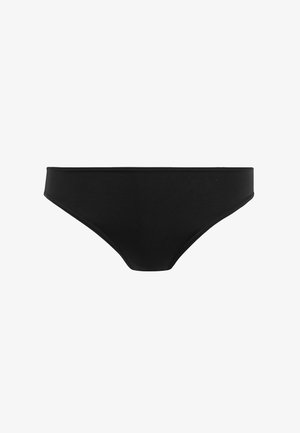 Zwarte bikini onderkant van een gladde, elastische stof. Heeft een lage taille met minimale openingen voor de taille en benen, ontworpen voor comfort.