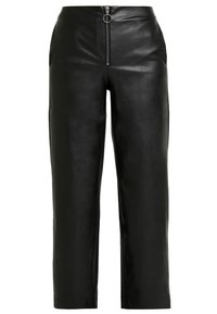 Czarne skórzane spodnie o wysokim stanie z zamek błyskawicznym z przodu, wyposażone w okrągły uchwyt, gładka tekstura i skrócona długość.