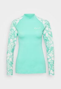 Long-sleeve turquoise rash guard with white floral pattern on sleeves, fitted design, and round neckline. Made from smooth, stretchy fabric.