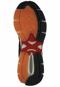 Black athletic shoe sole with orange and white accents. Textured rubber for grip, featuring pronounced treads and logo detail in red.