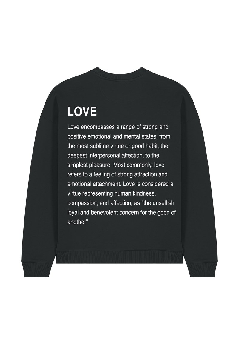 Sudadera negra con un texto en blanco destacado en la parte posterior, con la palabra "AMOR" visible de manera prominente, acompañada de una descripción detallada sobre el amor.