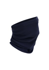 Navy blue fabric neck gaiter, made of soft, stretchy material; features a seamless design with subtle gathered texture.