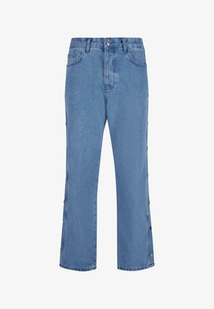 Heledad sinised teksad sirge lõikega, külgedel nupud ja klassikaline vöökoht. Peene kulumise tekstuur.