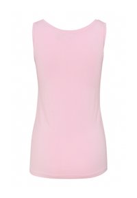 Šviesiai rožinis trikampis marškinėliai be rankovių, su apvaliu iškirpimu, pagaminti iš lygaus, elastingo audinio, turi prigludusią struktūrą ir tiesią apatinę dalį.