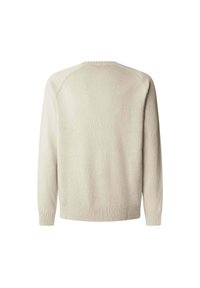Helles beiges Strickpullover mit langen Ärmeln, rundem Halsausschnitt und Rippenbund. Glatte Textur, schlichtes Design ohne sichtbare Muster oder Verzierungen.