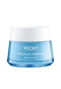 Aqualia Thermal cream jar by Vichy, featuring a rounded, frosted sky-blue glass body with a white cylindrical lid. Text is printed in white.