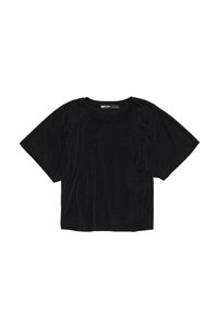 T-shirt nera a maniche corte realizzata in tessuto morbido, caratterizzata da una vestibilità ampia, scollatura rotonda e una leggera texture con un leggero lucido.