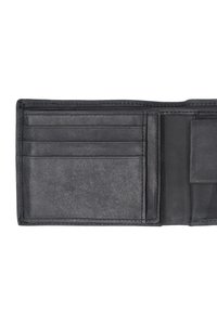 Schwarze Leder Geldbörse mit mehreren Kartenfächern, einer strukturierten Oberfläche und einem schlanken Design. Besitzt ein Innenfach für Bargeld oder kleine Gegenstände.