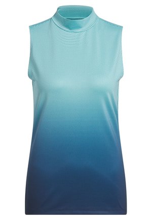 Top ligero sin mangas con un cuello alto. Diseño degradado de aqua claro a azul oscuro con una superficie texturada y perforada.